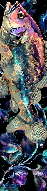 Free printable fish bookmark featuring upward facing iridescent blue fish